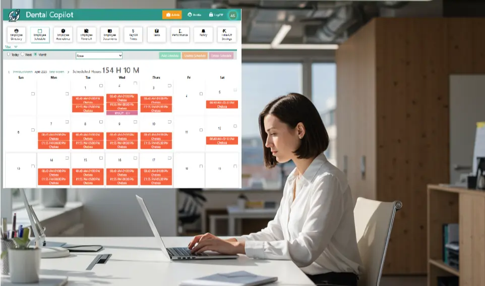 A person sitting in an office and working on her laptop placed on a table
