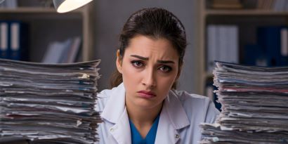 A doctor bogged down by paperwork.